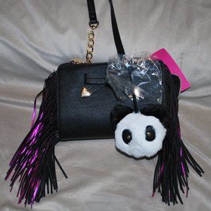NWT Betsey Johnson Small Black Crossbody Purse w/Fringe & Panda